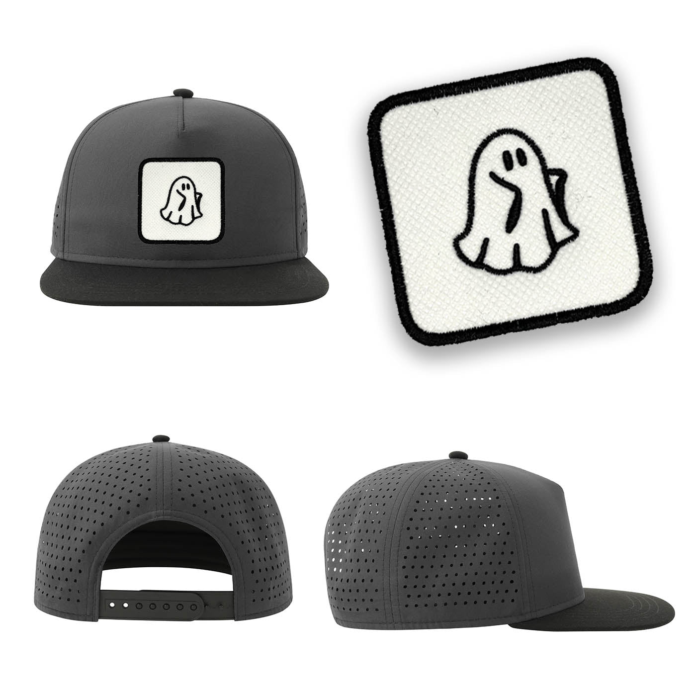 Spooky Ghost Streetwear Grey Hat with Flat Visor Embroidered Patch
