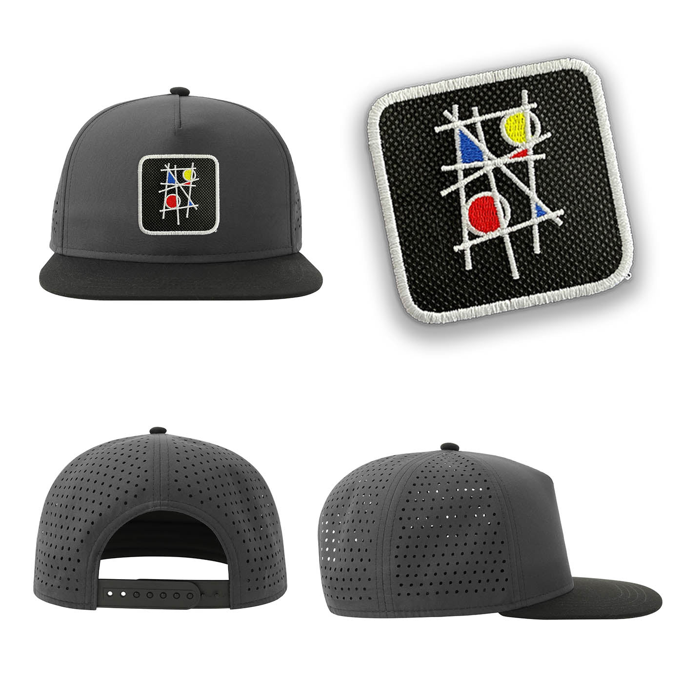 Mondrian Art Streetwear Black Hat with Flat Visor Embroidered Patch