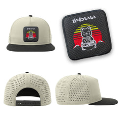 Cat Ramen Kawaii Neko Streetwear Light Grey Hat with Flat Visor Embroidered Patch
