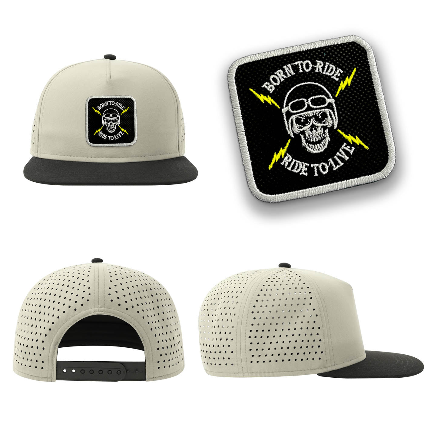 Born to Ride Streetwear Light Grey Hat with Flat Visor Embroidered Patch