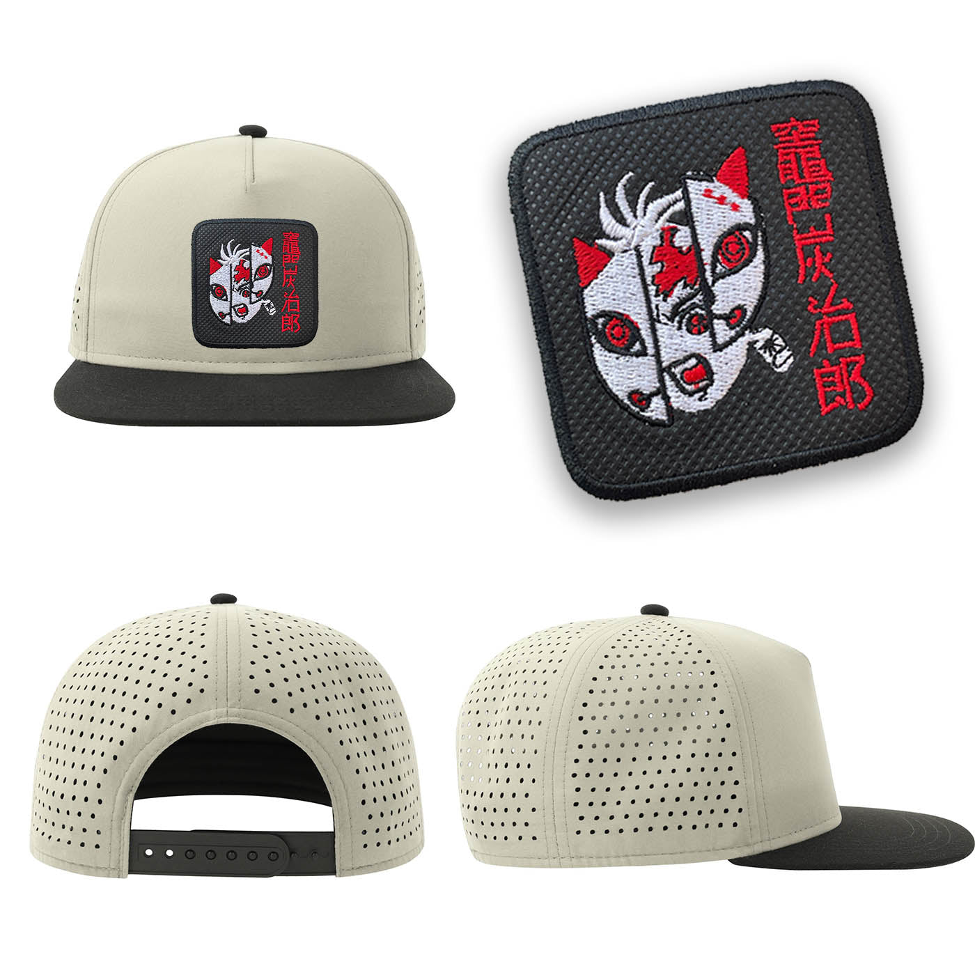 Kamado Tanjiro Mask Streetwear Light Grey Hat with Flat Visor Embroidered Patch