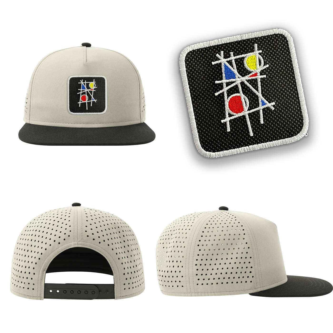 Mondrian Art Streetwear Light Grey Hat with Flat Visor Embroidered Patch