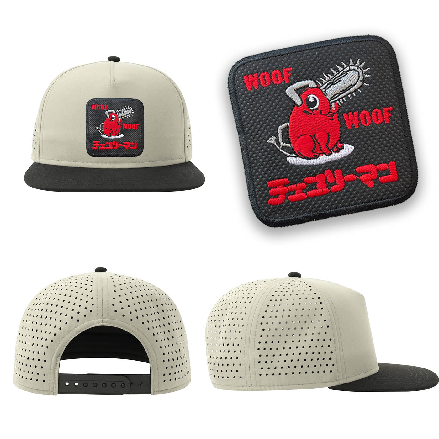 Pochita Woof Woof Chainsaw Man Streetwear Light Grey Hat with Flat Visor Embroidered Patch