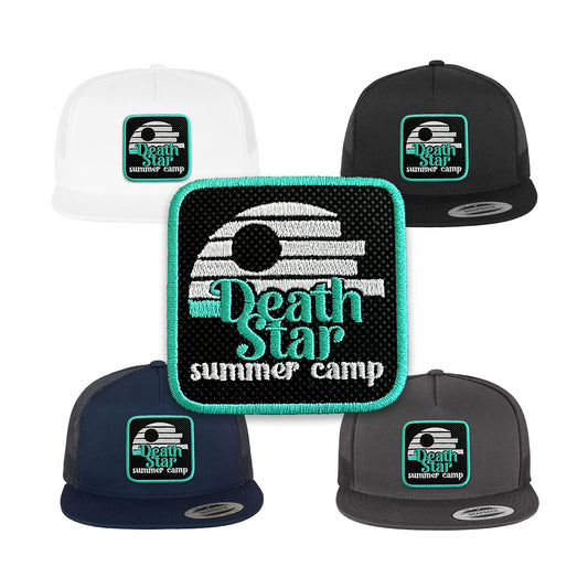 Death Star Trucker Hat | Embroidered Snapback Cap with Removable Hook & Loop Patch | Star Wars Inspired Black, White & Grey Hat