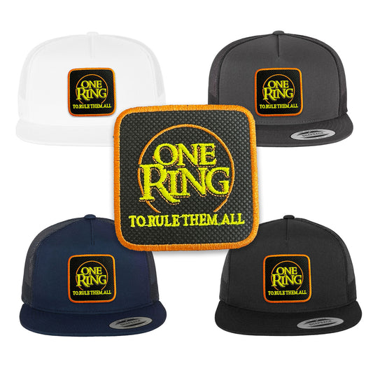 One Ring Trucker Hat with Removable Hook & Loop Patch | Embroidered Lord of the Rings Snapback Cap | Black, White & Grey Fantasy Hat