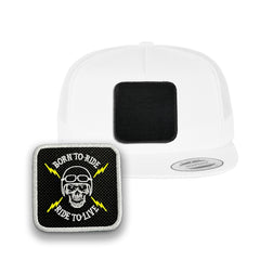 Death Skull Trucker Hat with Removable Hook & Loop Patch | Embroidered Biker Snapback Cap | Black, White & Grey Skull Hat