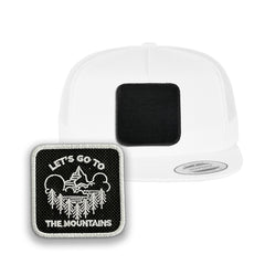 Mountains Trucker Hat with Removable Hook & Loop Patch | Embroidered Outdoor Adventure Snapback Cap | Black, White & Grey