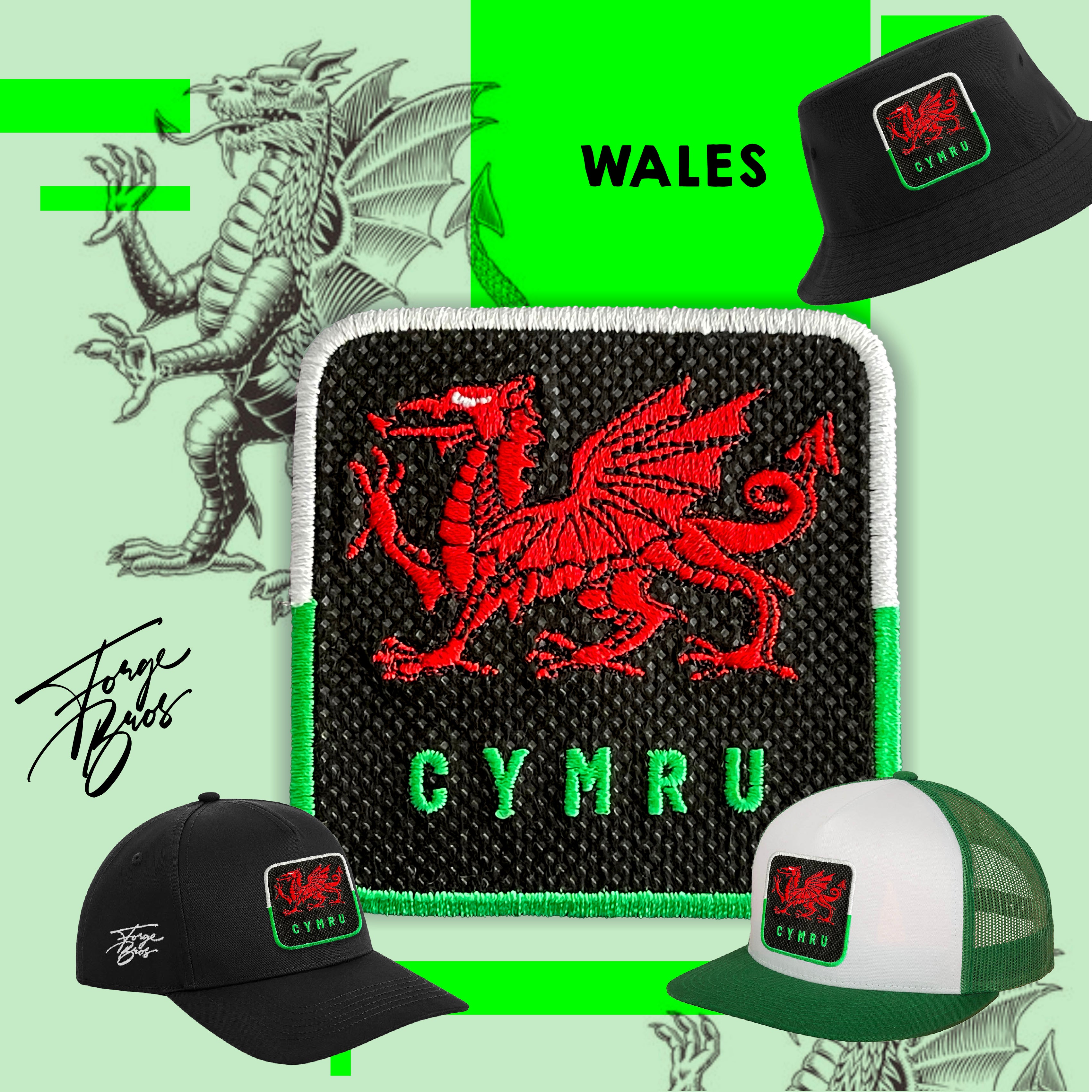 Wales Cap Embroidered Hook & Loop Patch Cymru Hat Black