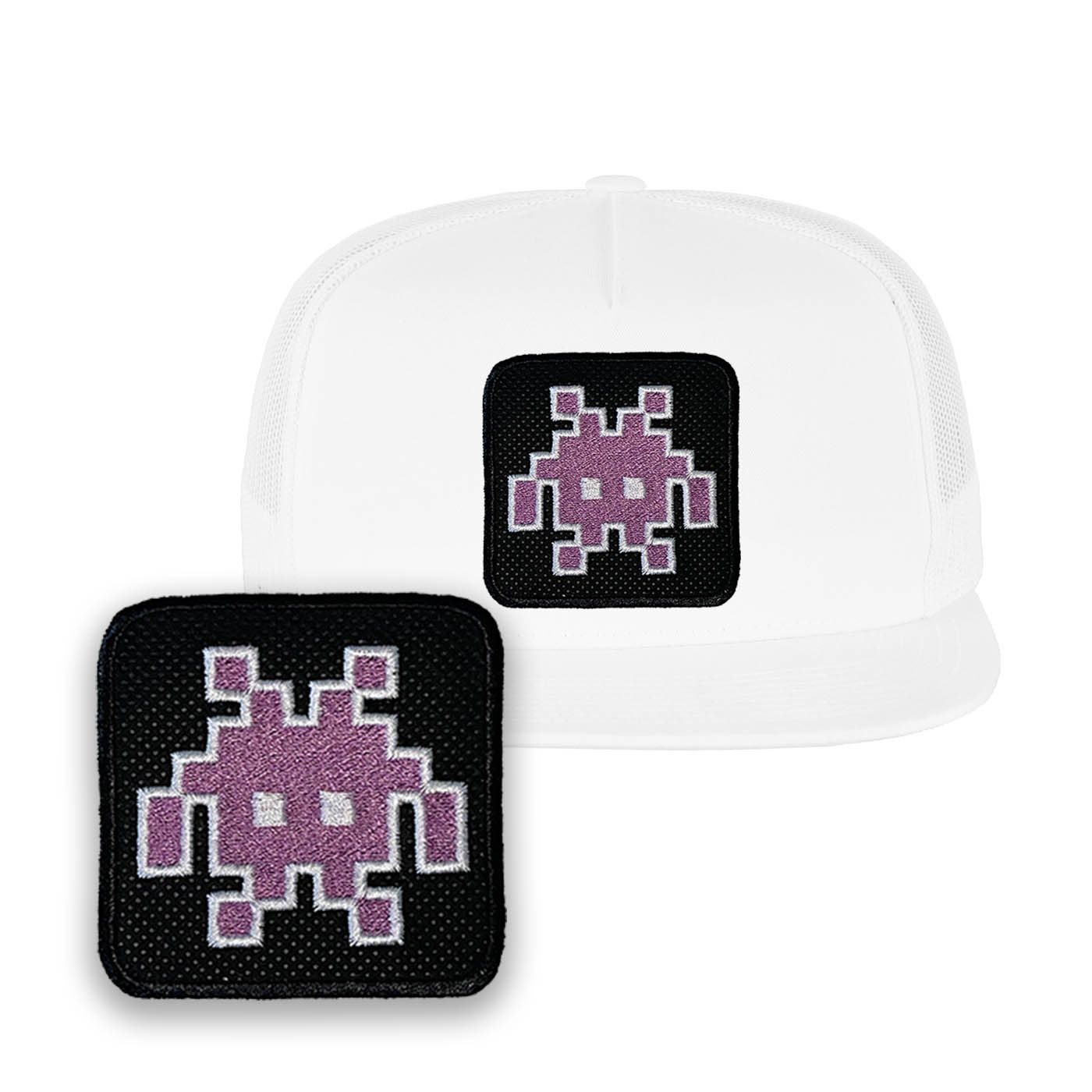 White Alien Retro Monster Emoji Embroidered Baseball Cap by Forge Bros