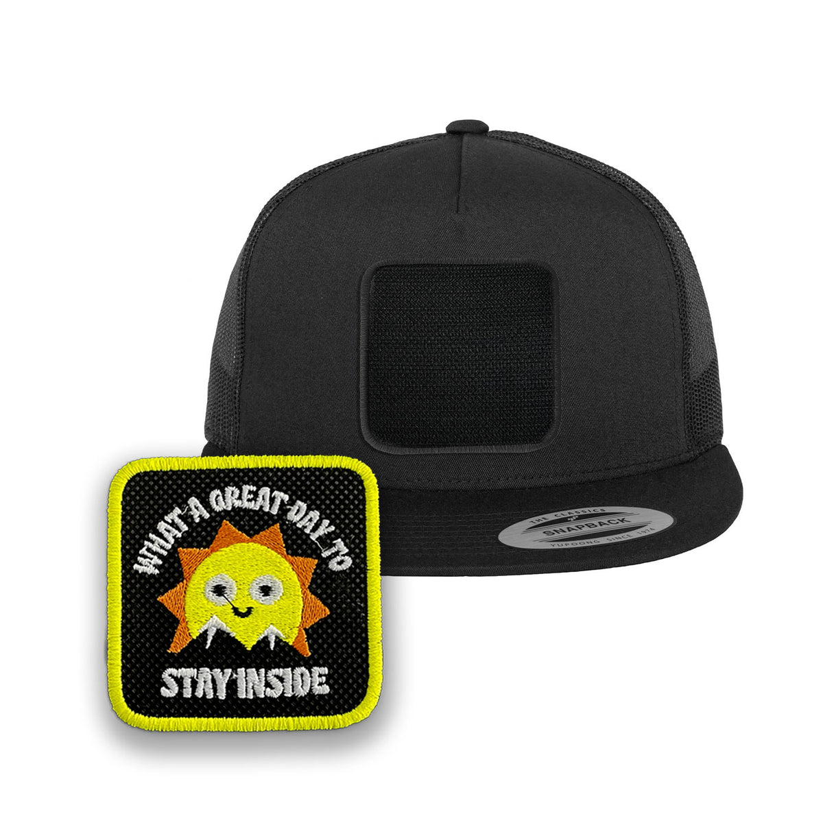 Great Day Trucker Hat Embroidered Velcro Patch Positive Snapback Trucker Cap Black, White, Grey