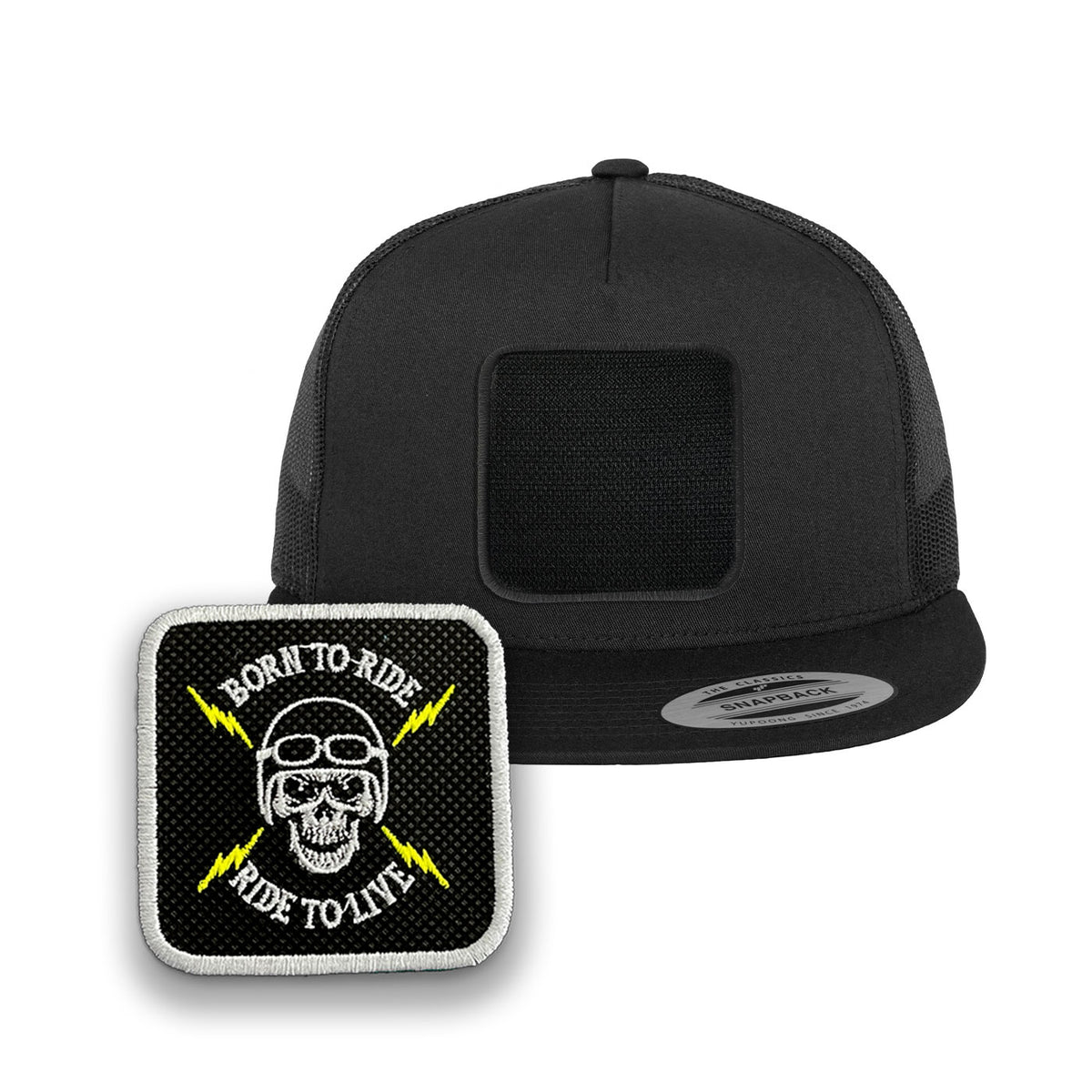 Death Skull Trucker Hat Embroidered Velcro Patch Biker Snapback Trucker Cap Black, White, Grey