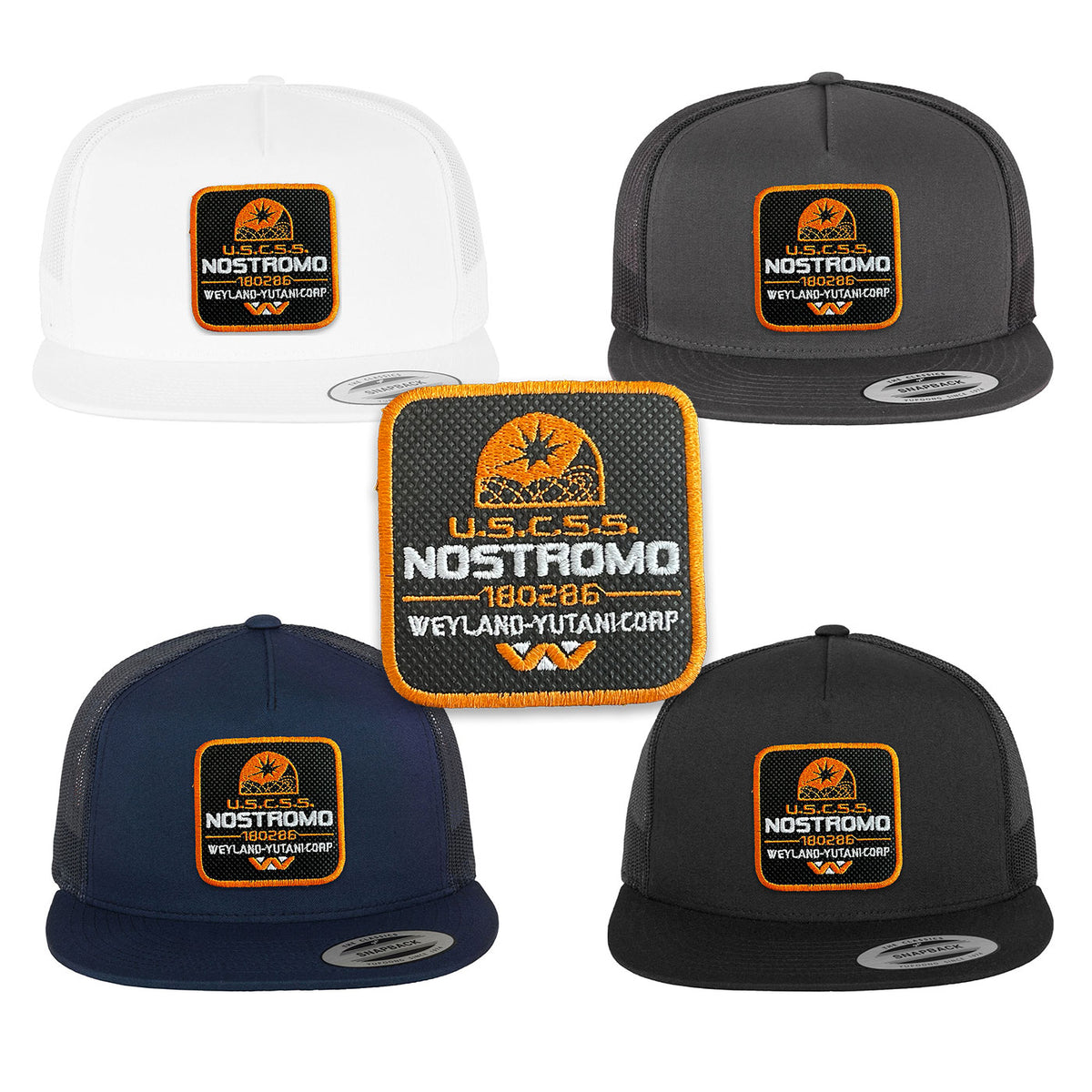Nostromo Alien Trucker Hat with Removable Hook & Loop Patch | Embroidered USCSS Snapback Cap | Black, White & Grey Sci-Fi Hat