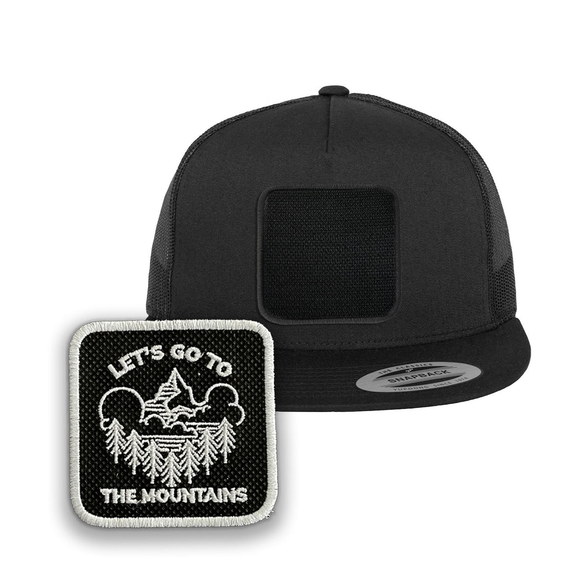 Mountains Trucker Hat with Removable Hook & Loop Patch | Embroidered Outdoor Adventure Snapback Cap | Black, White & Grey