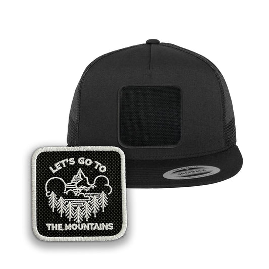 Mountains Trucker Hat with Removable Hook & Loop Patch | Embroidered Outdoor Adventure Snapback Cap | Black, White & Grey