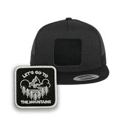 Mountains Trucker Hat with Removable Hook & Loop Patch | Embroidered Outdoor Adventure Snapback Cap | Black, White & Grey