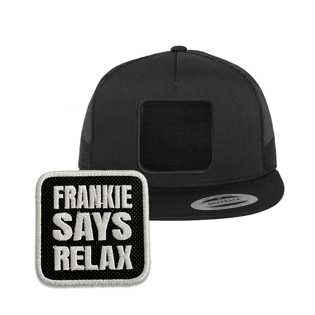 Frankie Says Relax Trucker Hat with Removable Hook & Loop Patch | Embroidered 80s Music Snapback Mesh Cap | Black, White & Grey