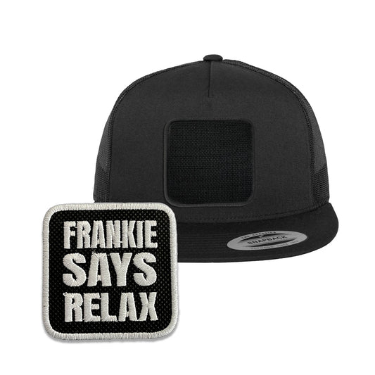 Frankie Says Relax Trucker Hat with Removable Hook & Loop Patch | Embroidered 80s Music Snapback Mesh Cap | Black, White & Grey