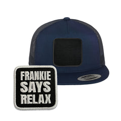 Frankie Says Relax Trucker Hat with Removable Hook & Loop Patch | Embroidered 80s Music Snapback Mesh Cap | Black, White & Grey