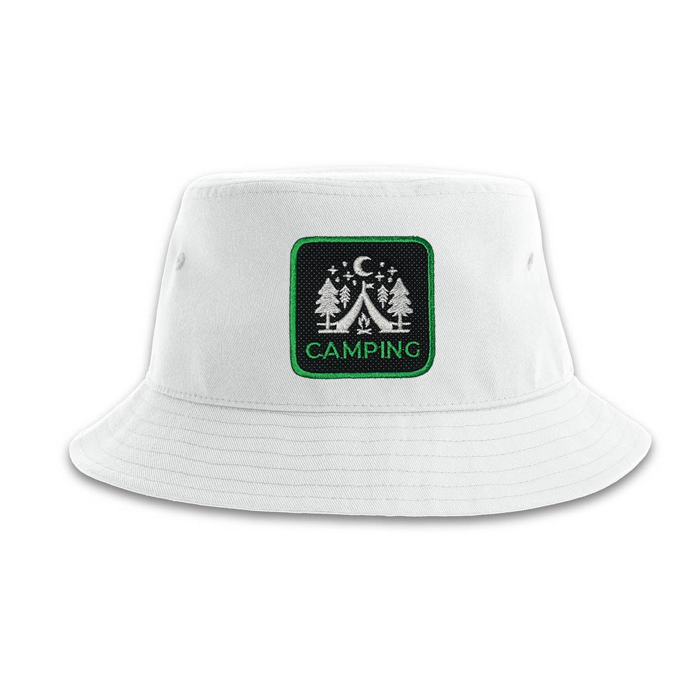 Camping Bucket Hat Embroidered Outdoor Patch White