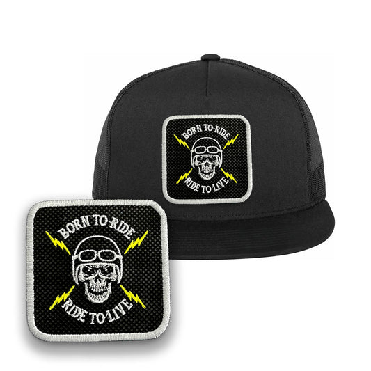 Death Skull Trucker Hat Embroidered Patch Biker Snapback Trucker Cap Black, White, Grey