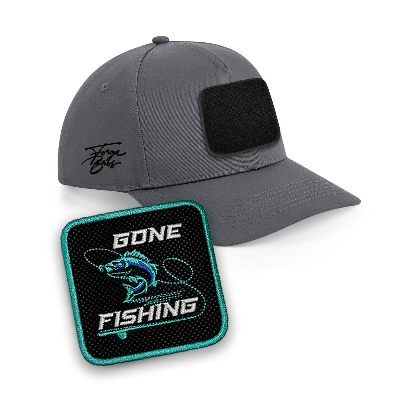 Fishing Cap Embroidered Patch Fish Hat Grey