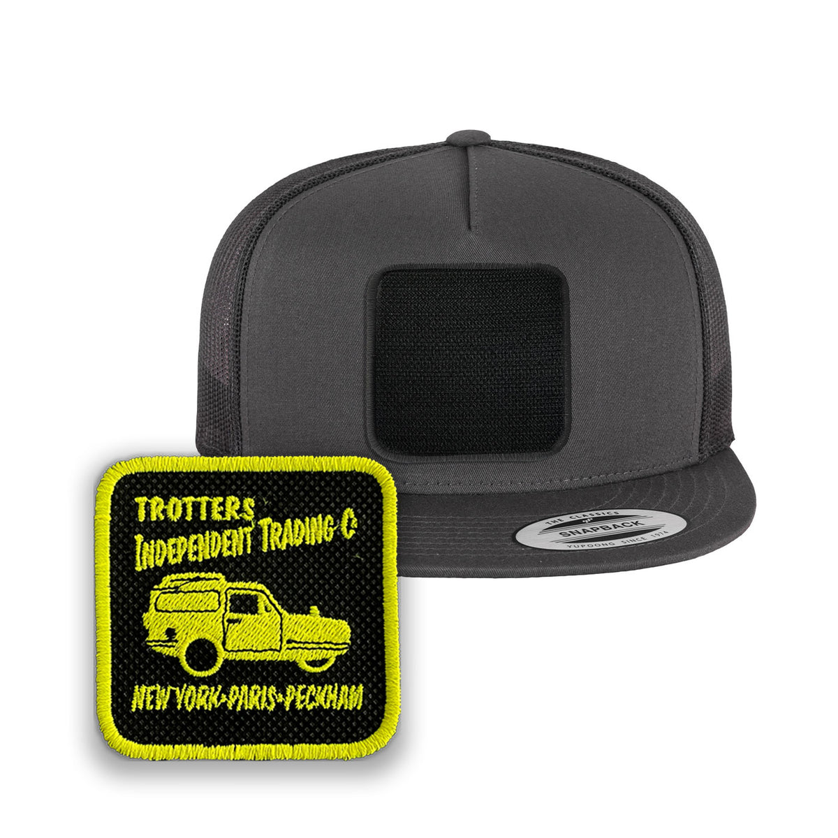 Fools & Horses Trucker Hat | Embroidered Trotters Snapback Mesh Cap | Classic Black, White & Grey Hat with Removable Patch