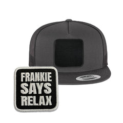 Frankie Says Relax Trucker Hat with Removable Hook & Loop Patch | Embroidered 80s Music Snapback Mesh Cap | Black, White & Grey