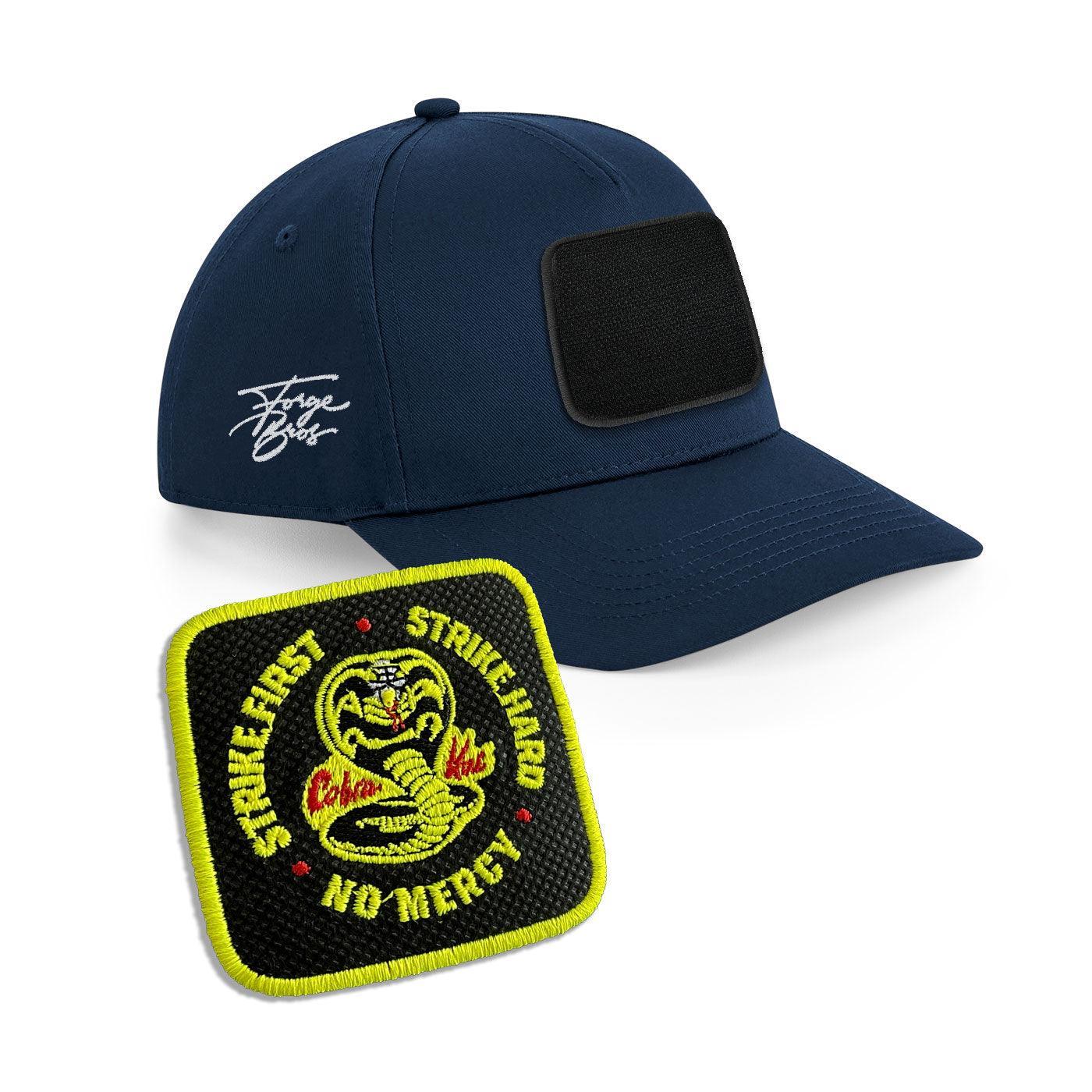 Cobra Kai Strike Hard Cap Embroidered Velcro Patch Hat Black, White, Grey - Forge Bros