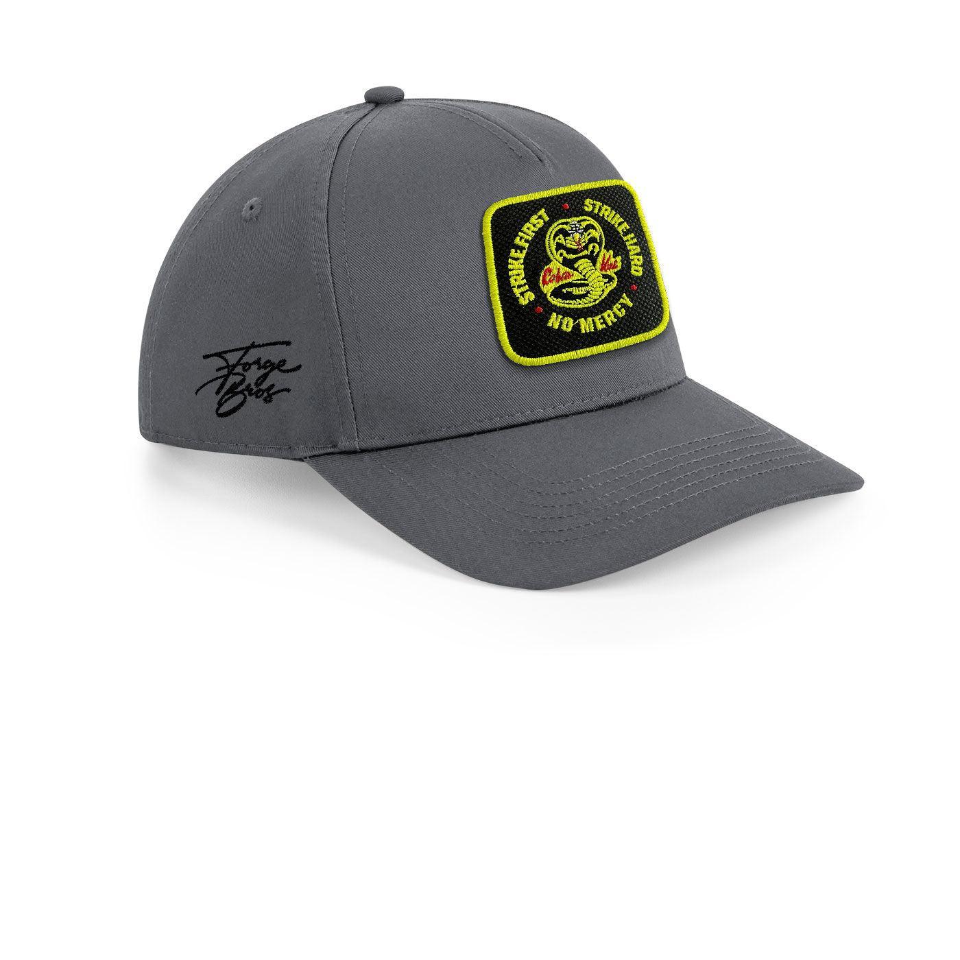 Cobra Kai Strike Hard Cap Embroidered Velcro Patch Hat Black, White, Grey - Forge Bros