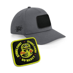 Cobra Kai Strike Hard Cap Embroidered Velcro Patch Hat Black, White, Grey - Forge Bros