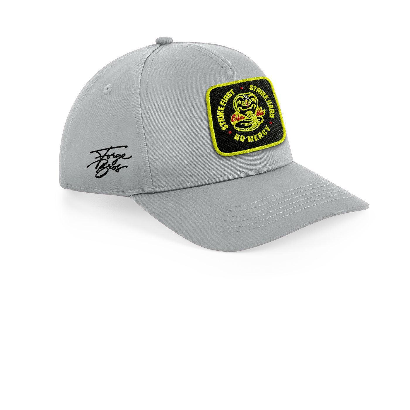 Cobra Kai Strike Hard Cap Embroidered Velcro Patch Hat Black, White, Grey - Forge Bros