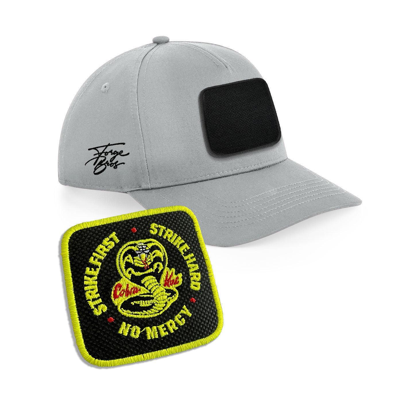 Cobra Kai Strike Hard Cap Embroidered Velcro Patch Hat Black, White, Grey - Forge Bros