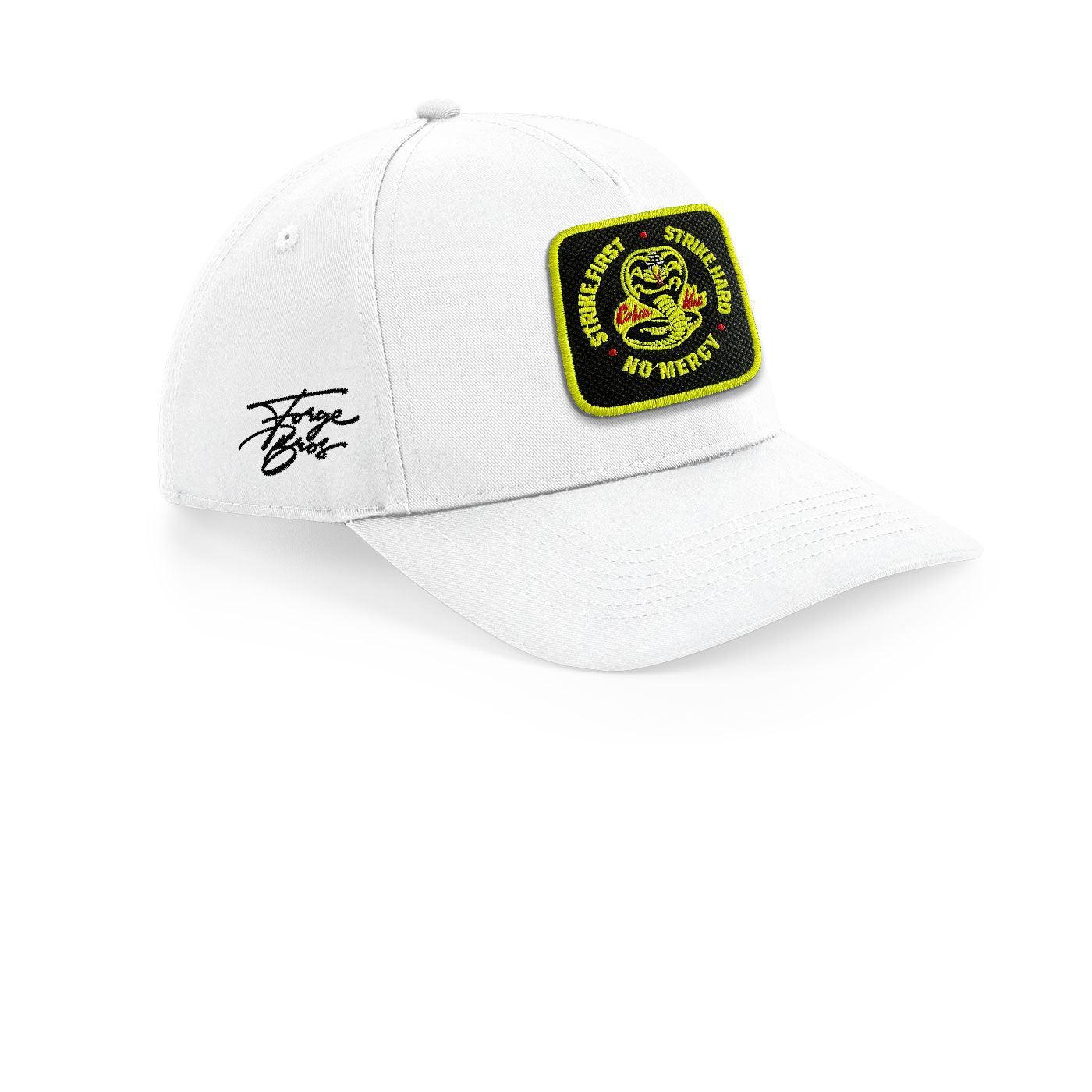 Cobra Kai Strike Hard Cap Embroidered Velcro Patch Hat Black, White, Grey - Forge Bros