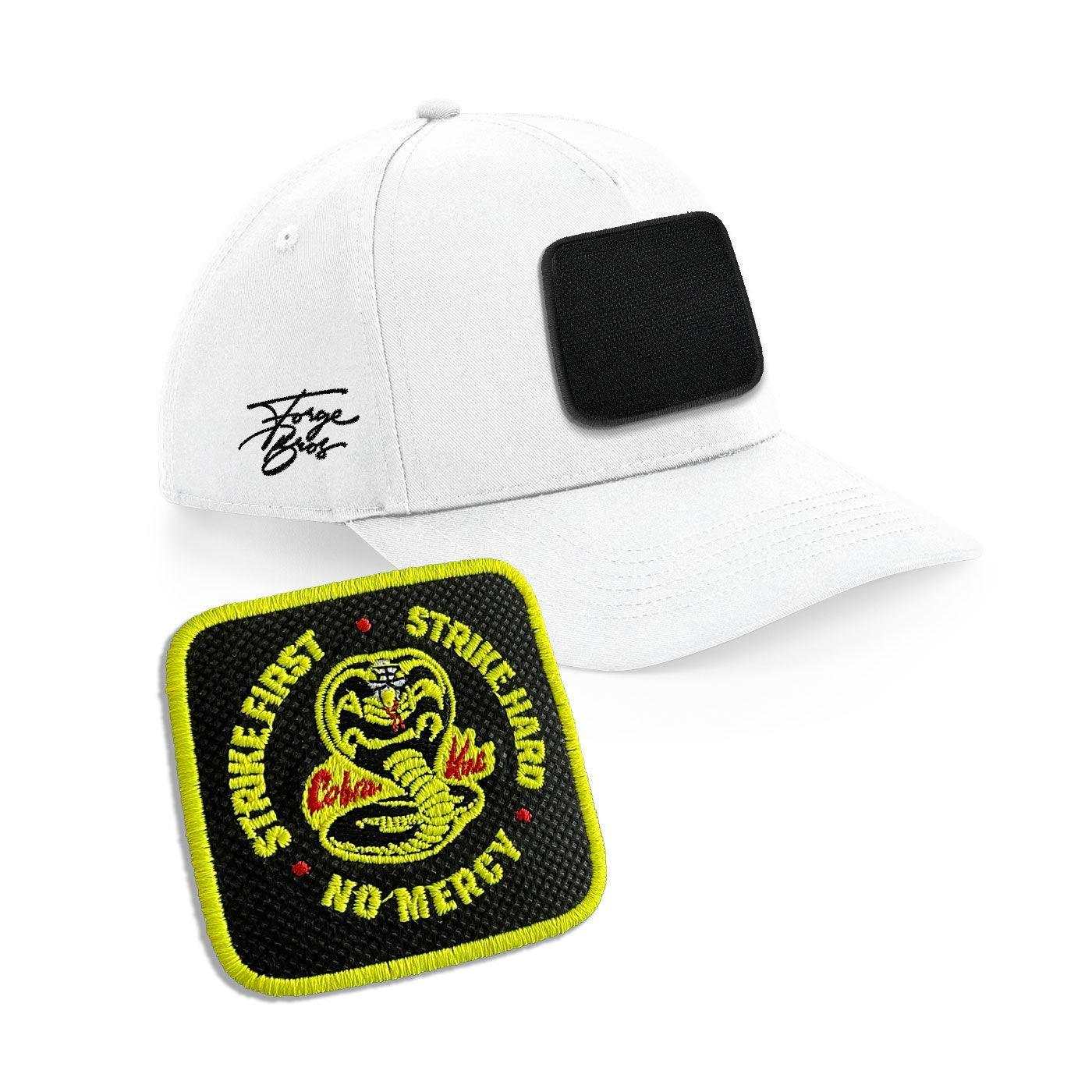 Cobra Kai Strike Hard Cap Embroidered Velcro Patch Hat Black, White, Grey - Forge Bros