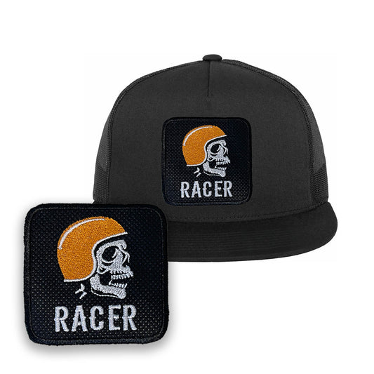 Biker Embroidered Baseball Black Cap with Racer Skull Patch