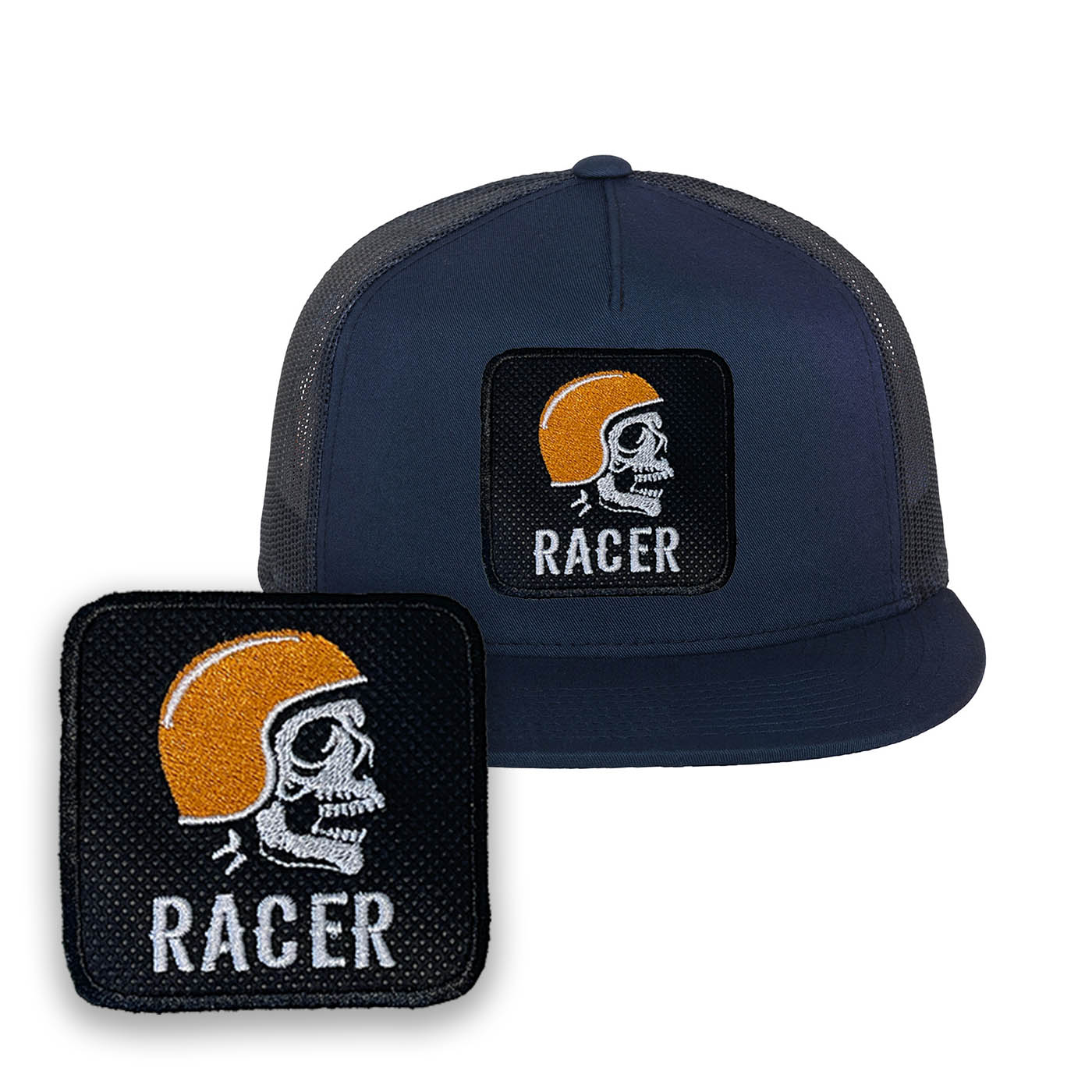 Biker Embroidered Baseball Blue Cap with Racer Skull Patch