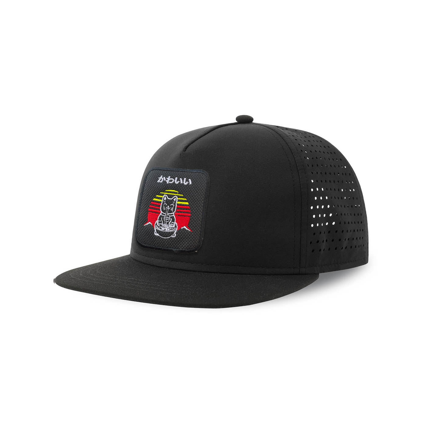 Cat Ramen Kawaii Neko Streetwear Black Hat with Flat Visor Embroidered Patch