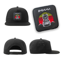 Cat Ramen Kawaii Neko Streetwear Black Hat with Flat Visor Embroidered Patch