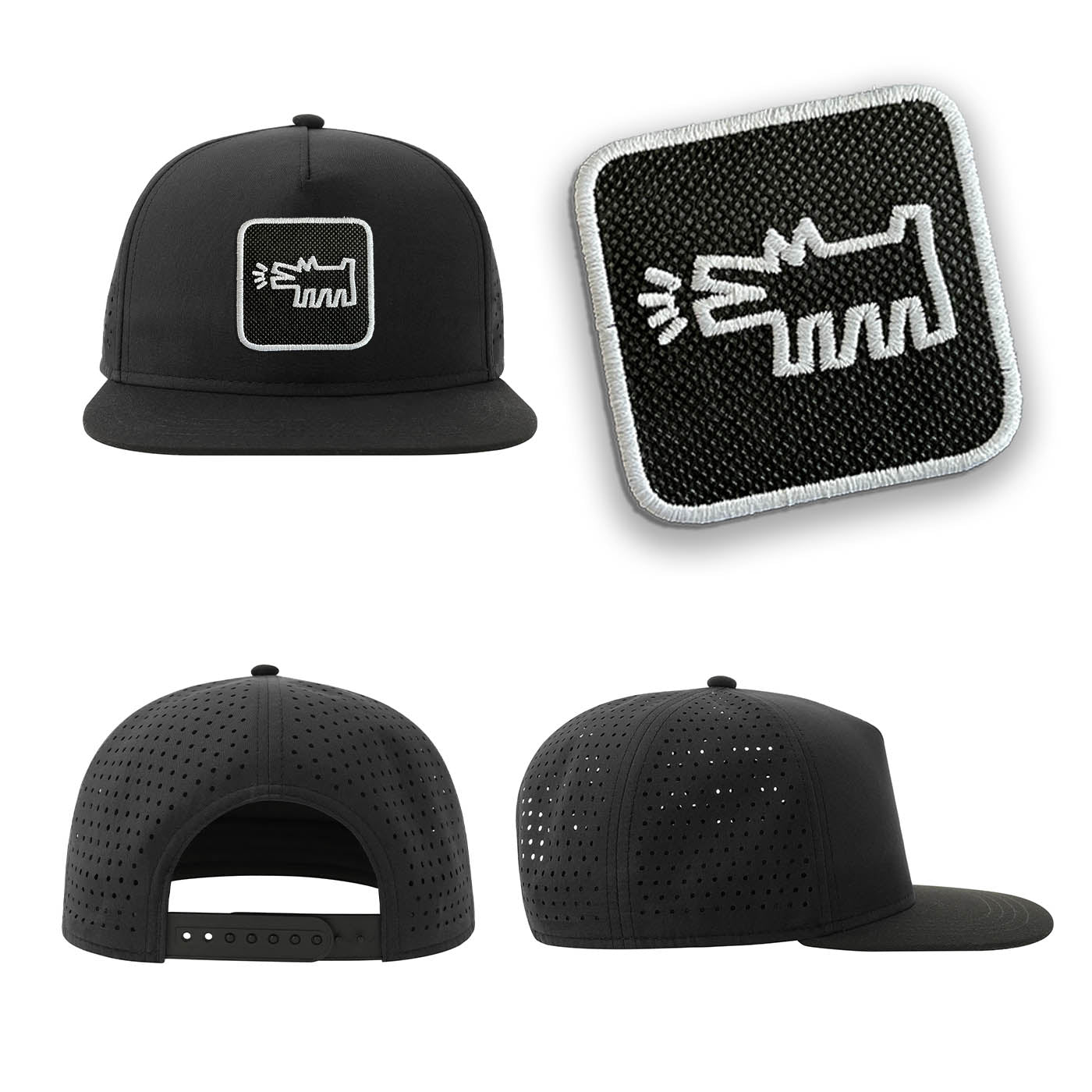 Dog Streetwear Black Hat with Flat Visor Embroidered Patch