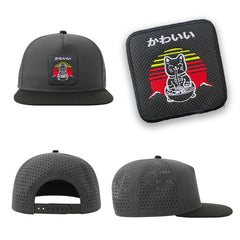 Cat Ramen Kawaii Neko Streetwear Grey Hat with Flat Visor Embroidered Patch