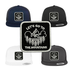 Mountains Trucker Hat with Removable Hook & Loop Patch | Embroidered Outdoor Adventure Snapback Cap | Black, White & Grey
