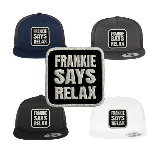 Frankie Says Relax Trucker Hat with Removable Hook & Loop Patch | Embroidered 80s Music Snapback Mesh Cap | Black, White & Grey