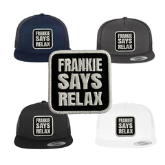 Frankie Says Relax Trucker Hat with Removable Hook & Loop Patch | Embroidered 80s Music Snapback Mesh Cap | Black, White & Grey
