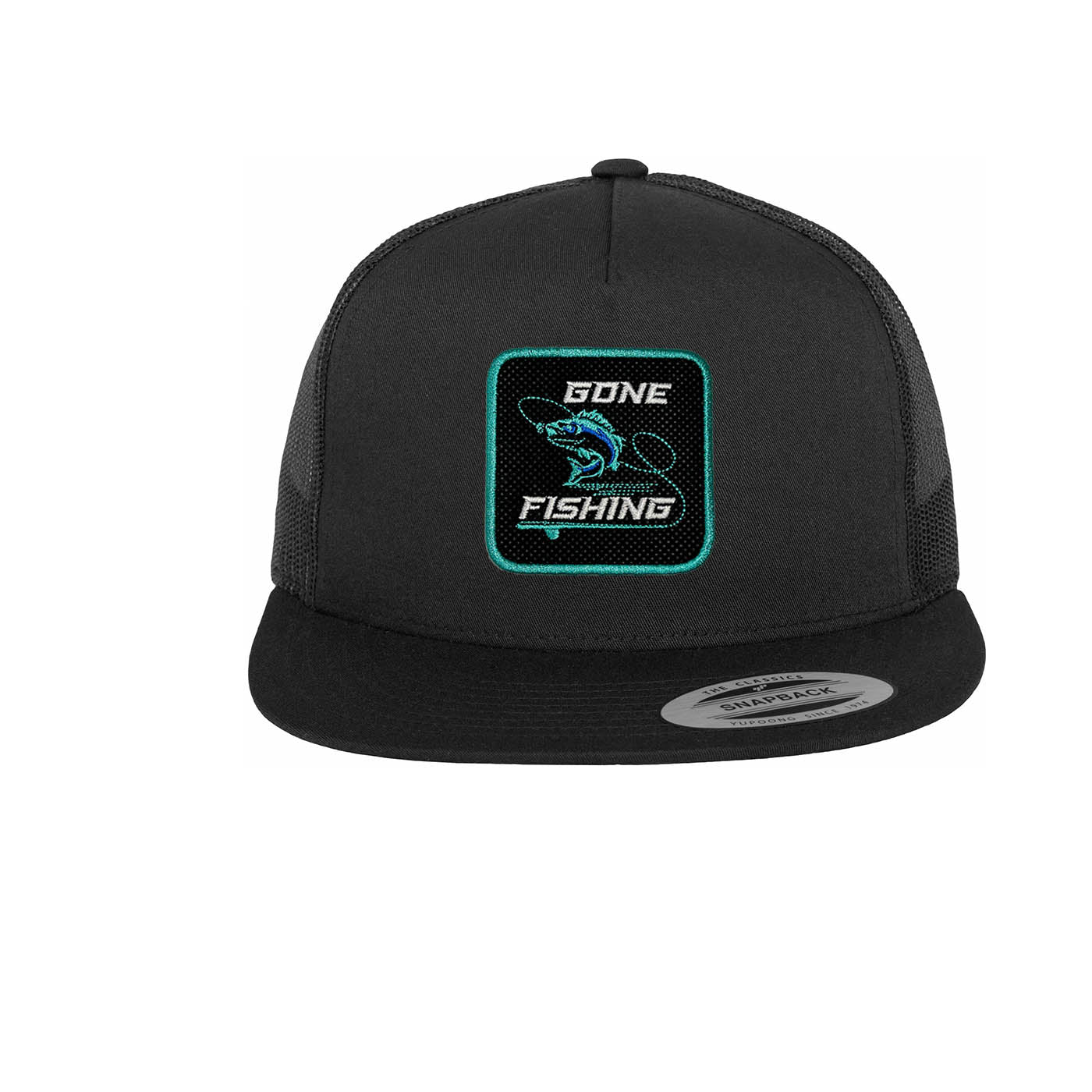 Fishing Trucker Hat Embroidered Hook & Loop Snapback Fisherman Cap Black