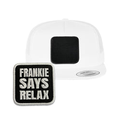 Frankie Says Relax Trucker Hat with Removable Hook & Loop Patch | Embroidered 80s Music Snapback Mesh Cap | Black, White & Grey